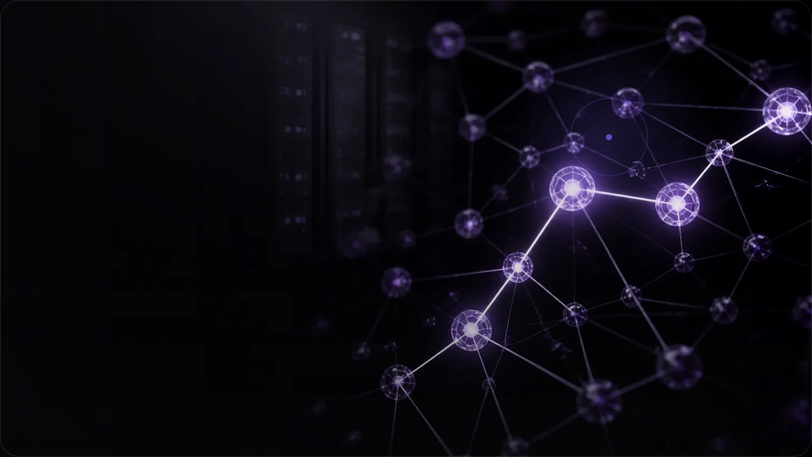 Capa editorial Quaerion para “AI Referral Engine™ vs. SEO tradicional: quando usar cada um”, representando uma rede de entidades e evidências em ambiente tecnológico escuro.