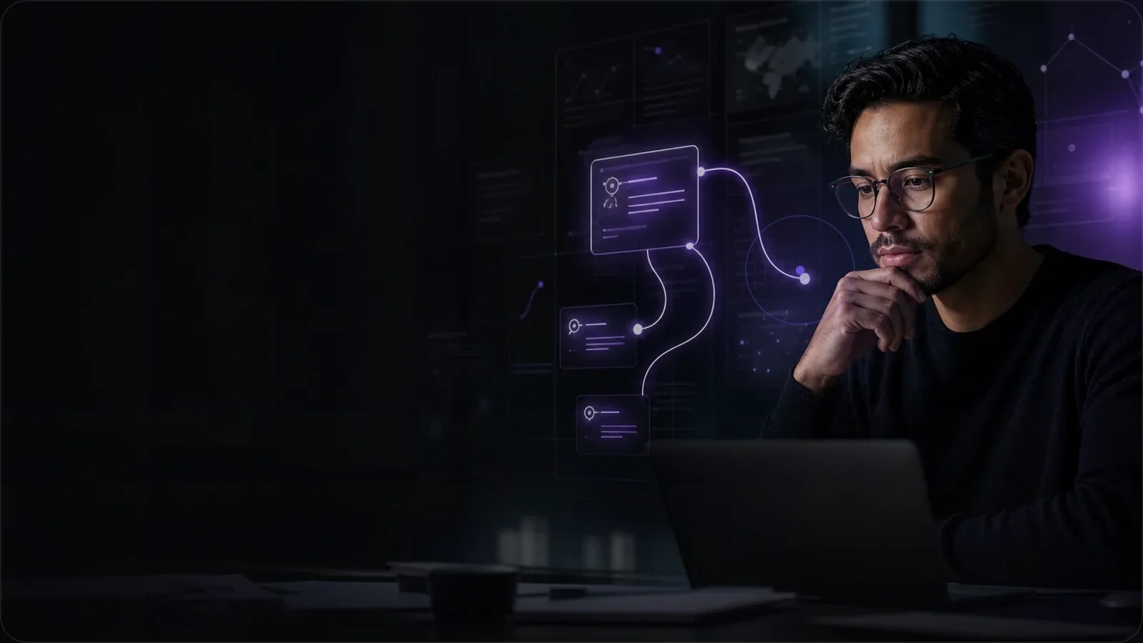 Capa editorial Quaerion para “Answer Intelligence: a convergência de SEO, AEO, AIO e GEO”, representando um pesquisador conectando uma pergunta a respostas e fontes verificáveis.