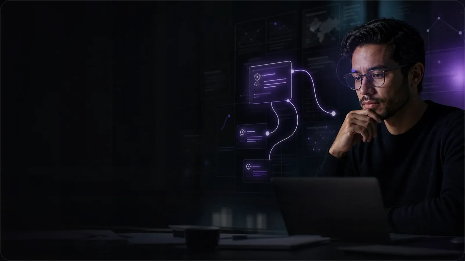Capa editorial Quaerion para “Estado do AI Search em 2026: AEO, AIO e GEO na prática”, representando um pesquisador conectando uma pergunta a respostas e fontes verificáveis.