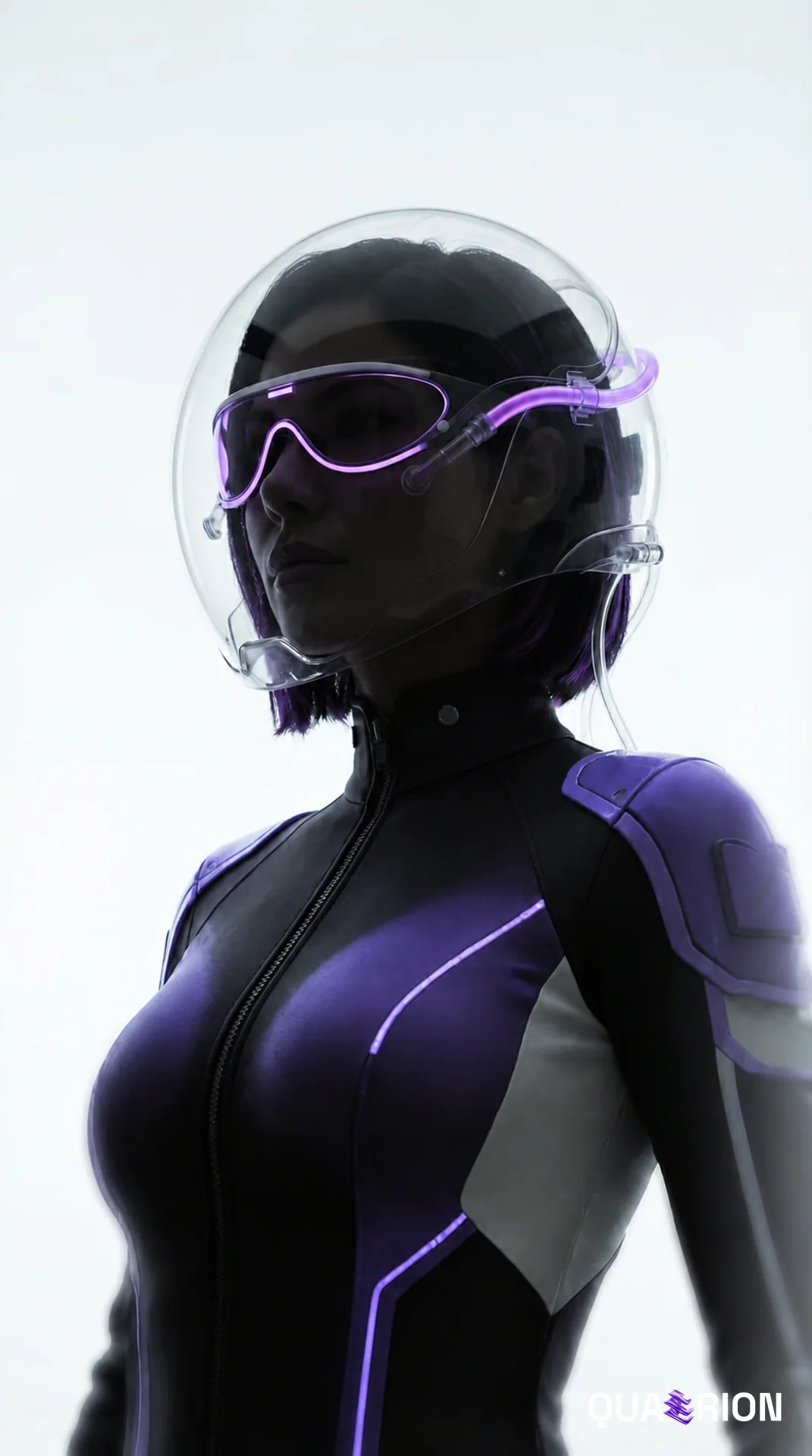 Profissional futurista em preto e violeta no chamado para diagnóstico Quaerion
